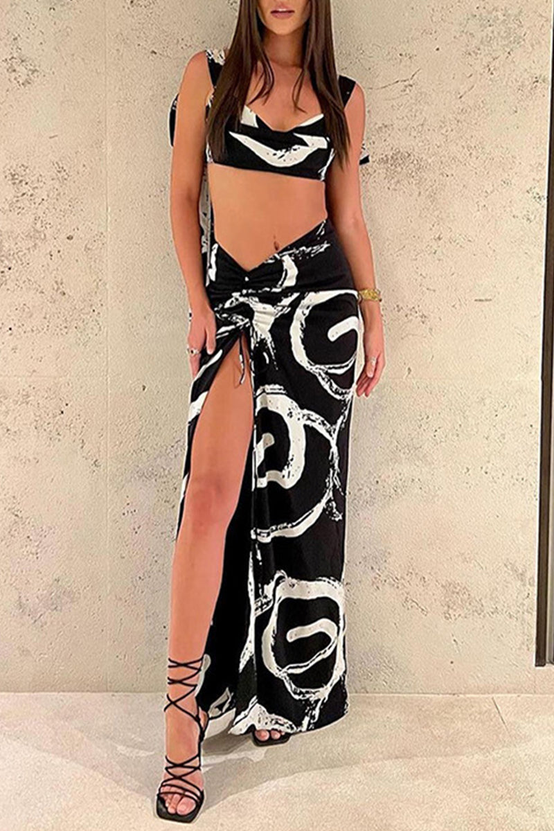 Geometric Print Draw String Contrast V Neck Sleeveless Two Pieces
