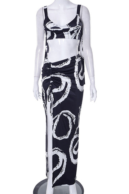 Geometric Print Draw String Contrast V Neck Sleeveless Two Pieces