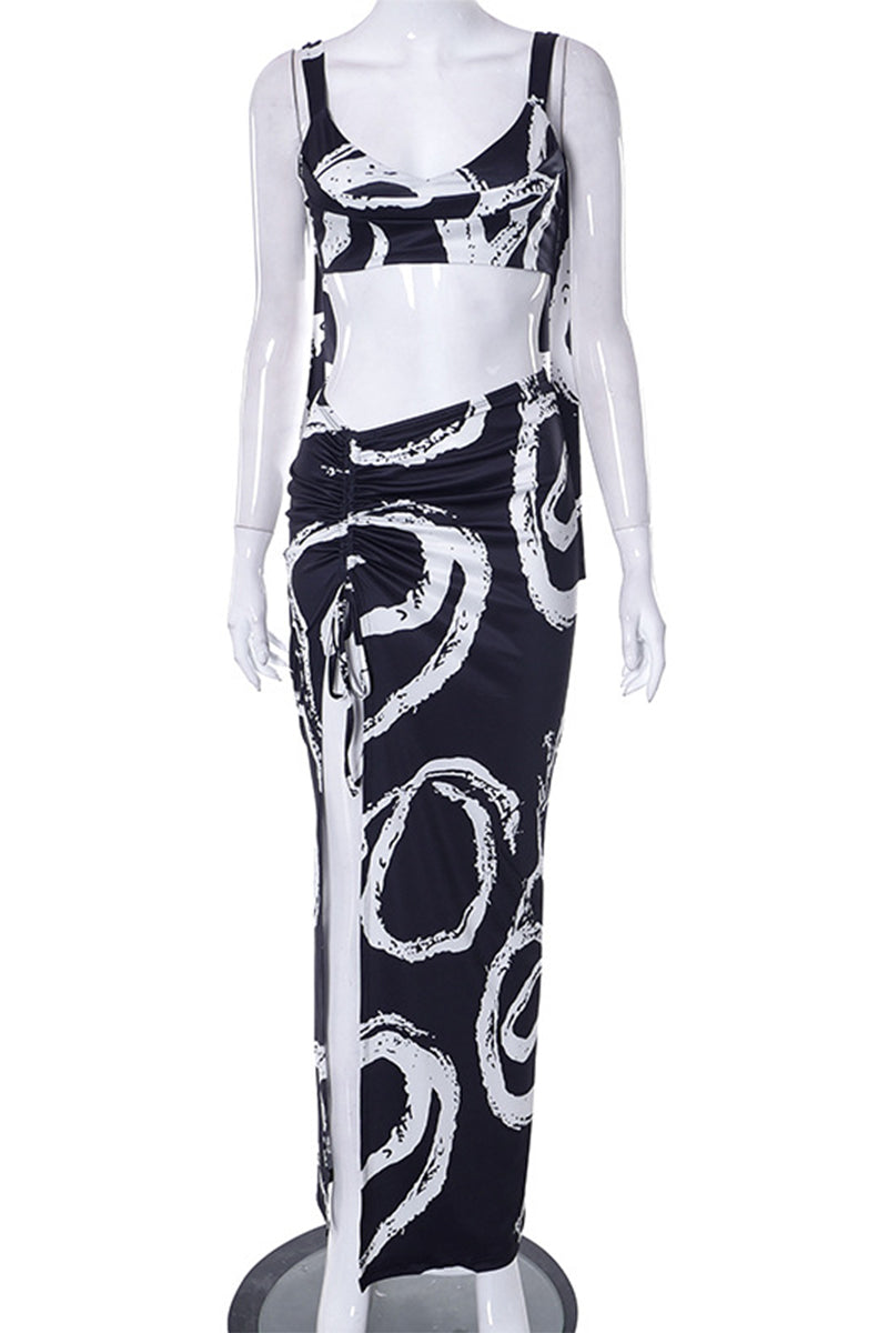 Geometric Print Draw String Contrast V Neck Sleeveless Two Pieces