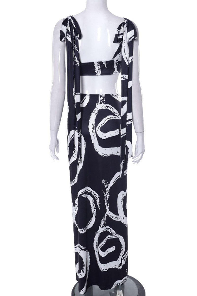 Geometric Print Draw String Contrast V Neck Sleeveless Two Pieces