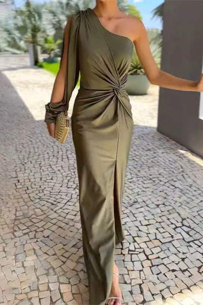 Color Slit Ruched Knotted Sloping Shoulder Long Dresses