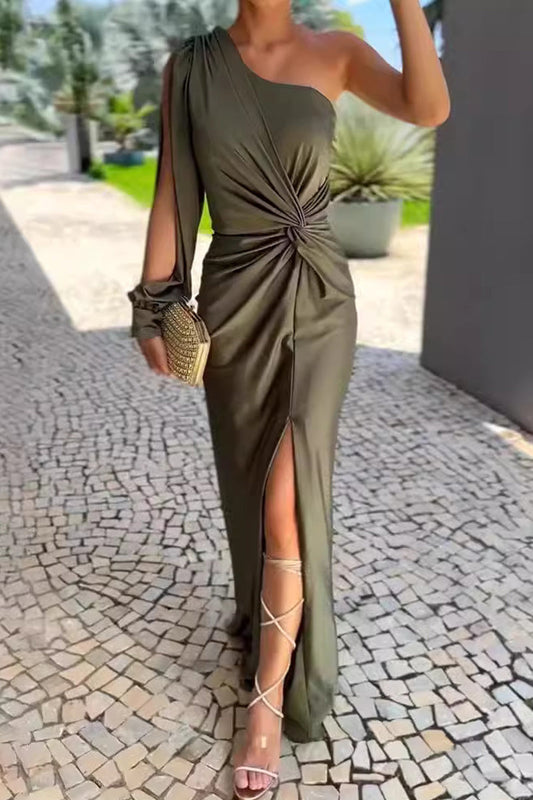 Color Slit Ruched Knotted Sloping Shoulder Long Dresses