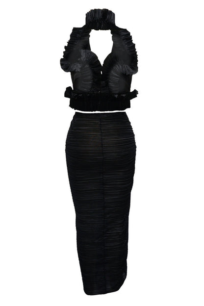 Color Backless Slit Halter Sleeveless Two Pieces