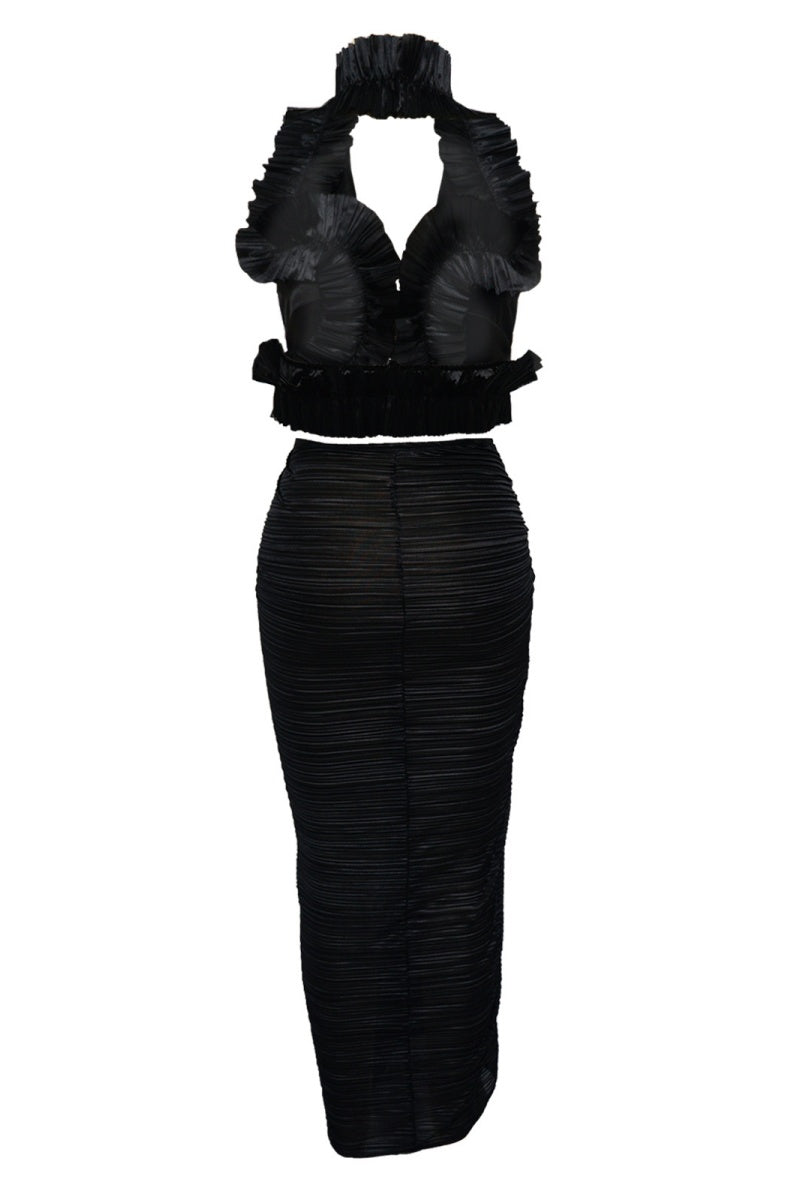 Color Backless Slit Halter Sleeveless Two Pieces