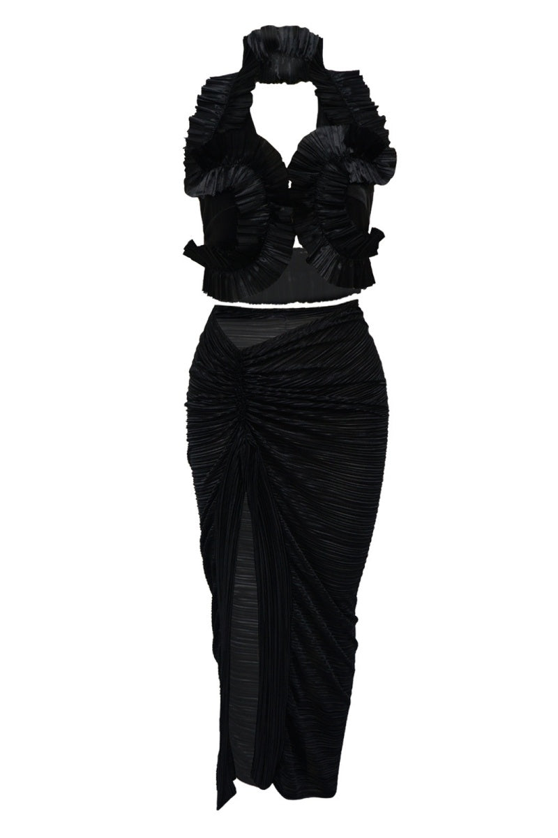 Color Backless Slit Halter Sleeveless Two Pieces