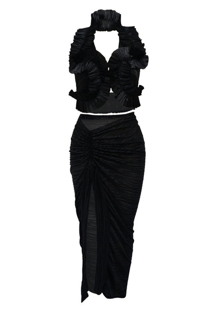 Color Backless Slit Halter Sleeveless Two Pieces