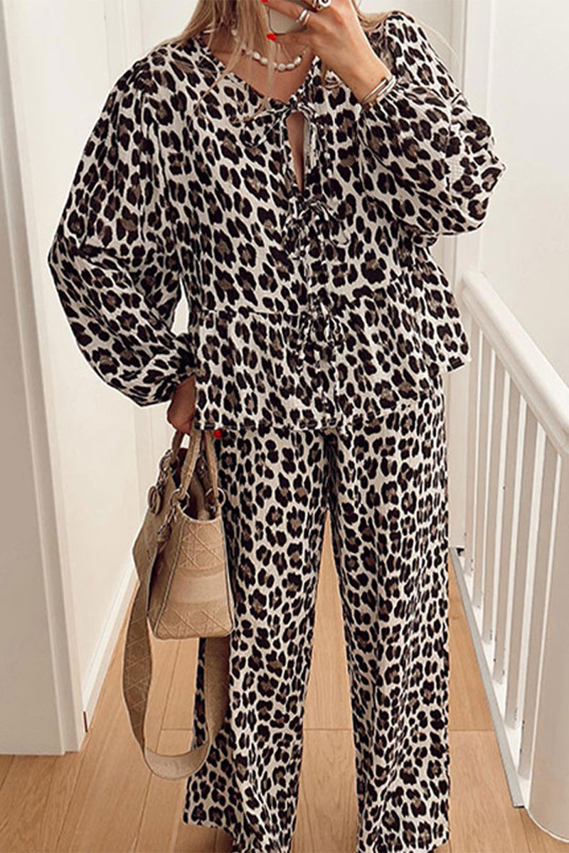 Daily Leopard Print Lace Up Ruffle O Neck Long Sleeve Two Pieces