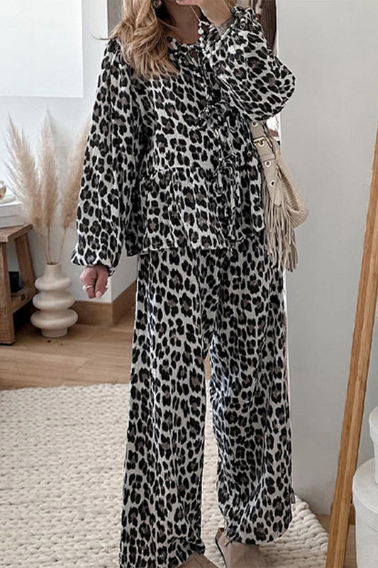 Daily Leopard Print Lace Up Ruffle O Neck Long Sleeve Two Pieces