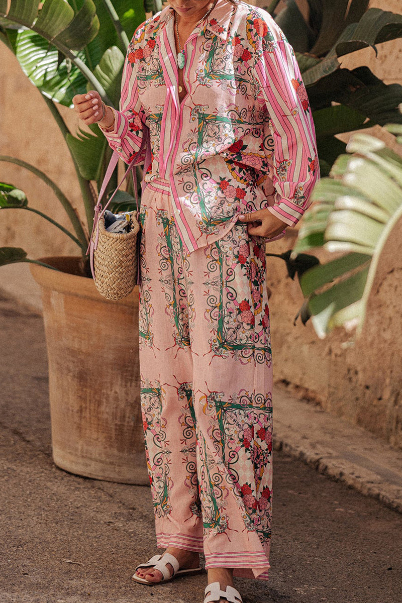Street Print Pocket Turndown Collar Long Sleeve Two Pieces