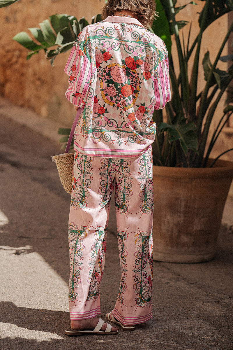 Street Print Pocket Turndown Collar Long Sleeve Two Pieces