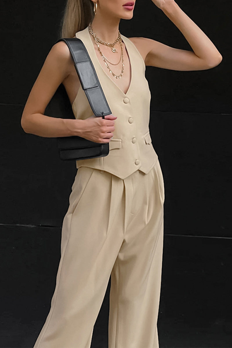 Street Color Pocket Buttons Halter Sleeveless Two Pieces