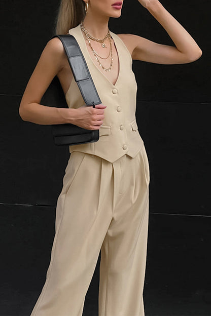 Street Color Pocket Buttons Halter Sleeveless Two Pieces