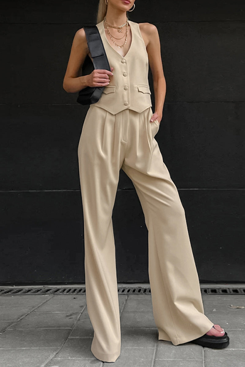 Street Color Pocket Buttons Halter Sleeveless Two Pieces