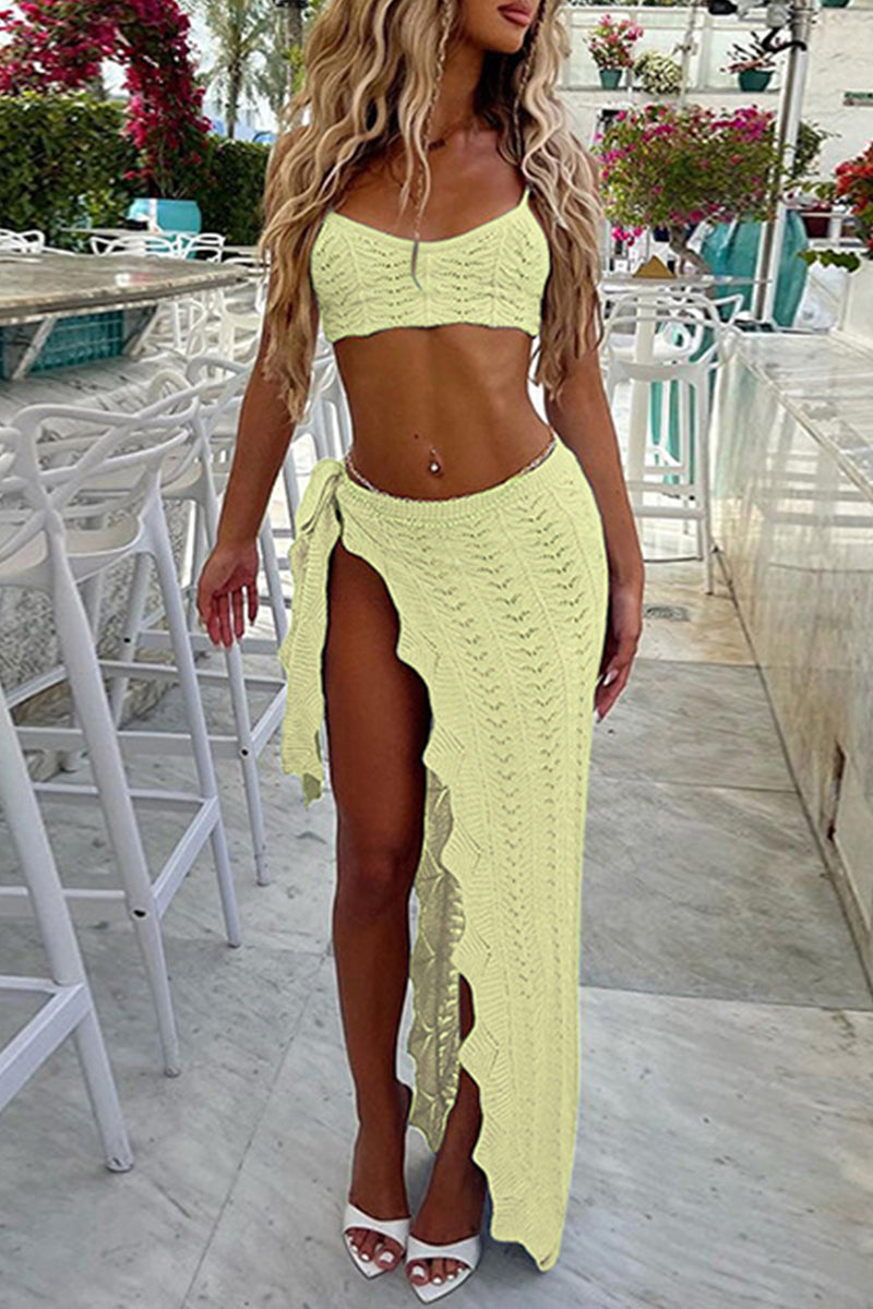 Color Backless High Slit Patchwork Spaghetti Strap Sleeveless Two Pieces
