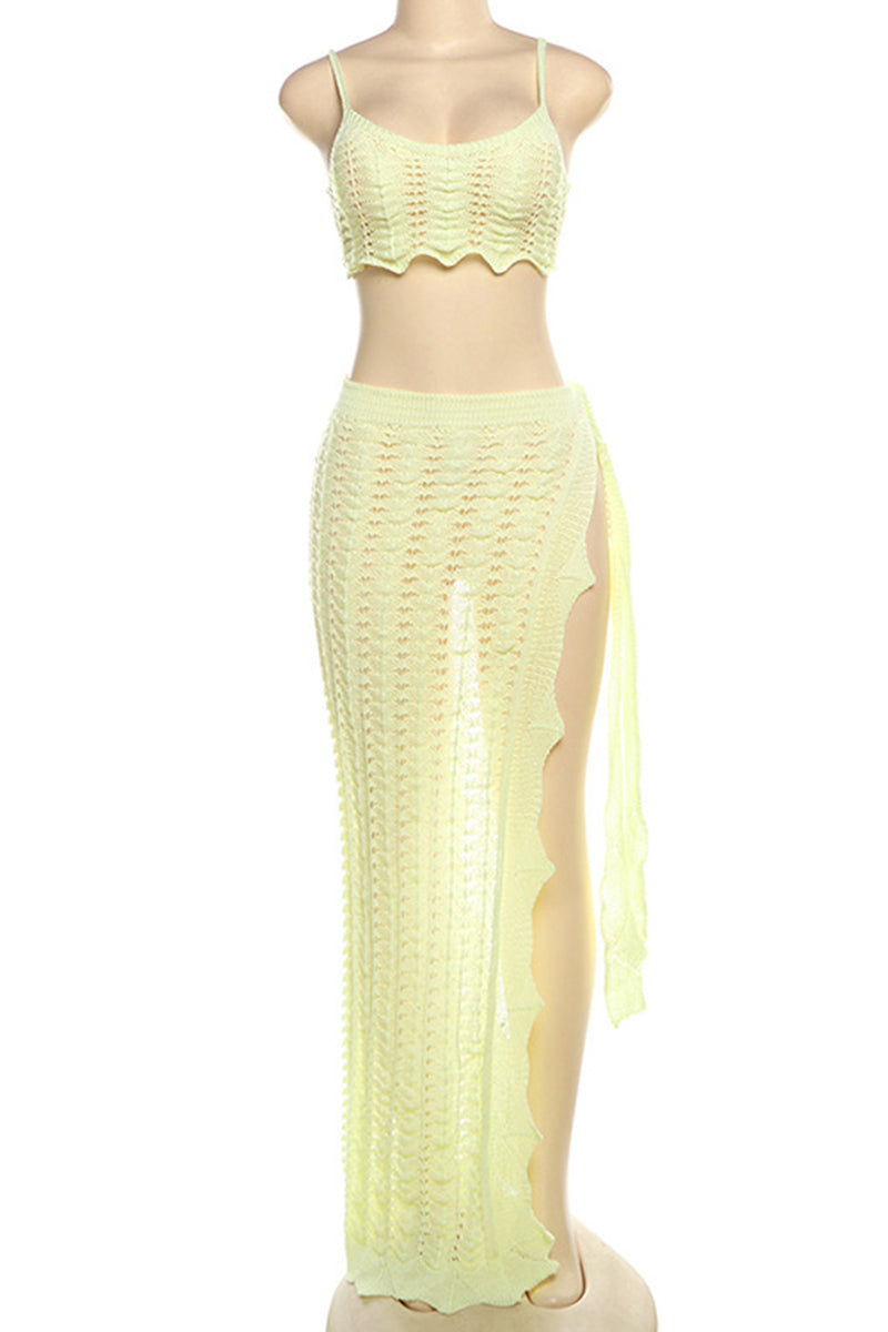 Color Backless High Slit Patchwork Spaghetti Strap Sleeveless Two Pieces
