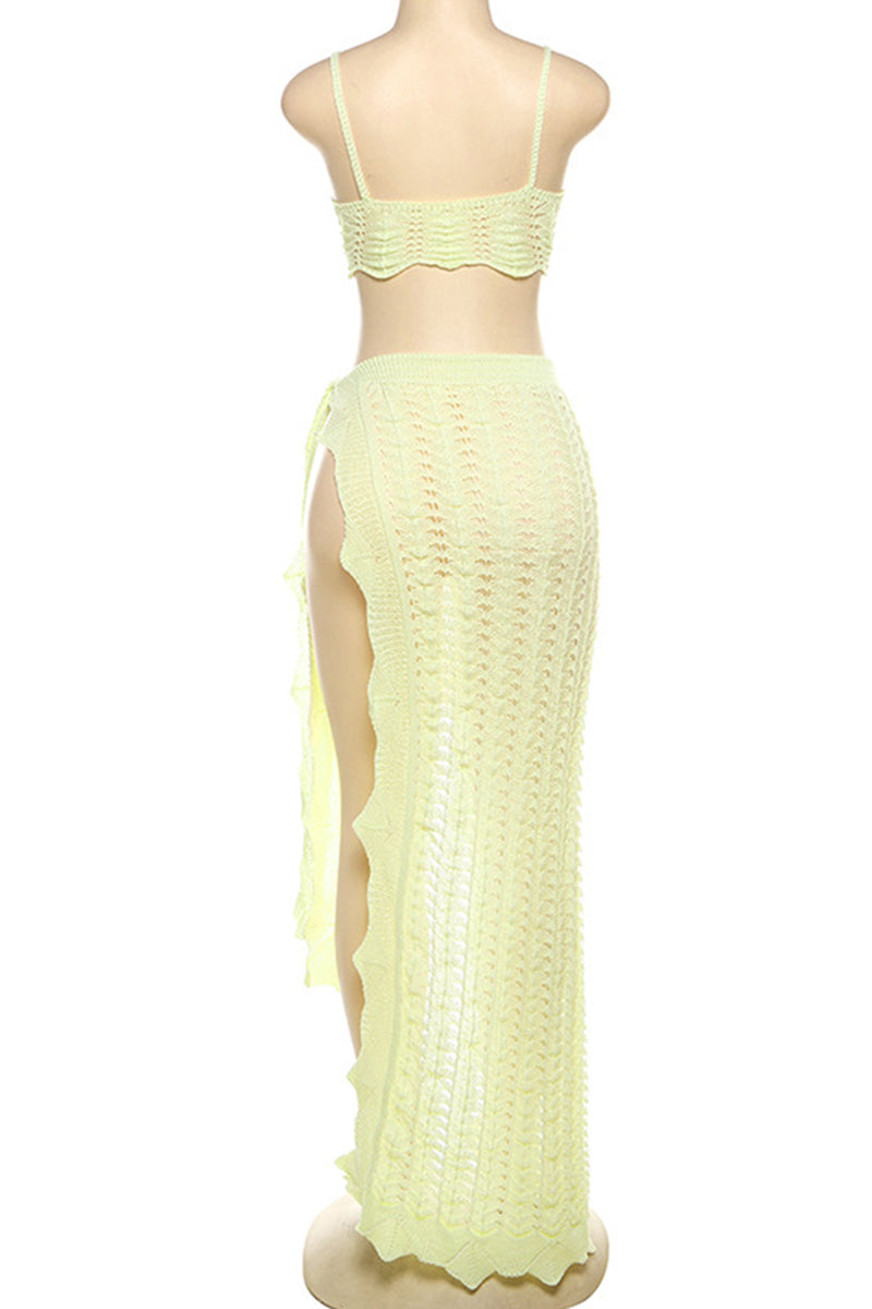 Color Backless High Slit Patchwork Spaghetti Strap Sleeveless Two Pieces