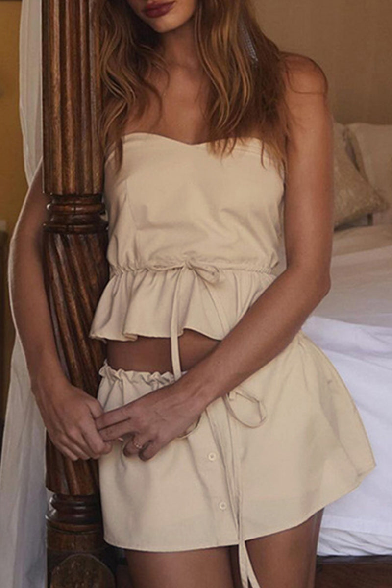 Color Buckle Strap Design Patchwork Ruffle Hem Strapless Sleeveless Two Pieces