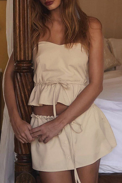 Color Buckle Strap Design Patchwork Ruffle Hem Strapless Sleeveless Two Pieces