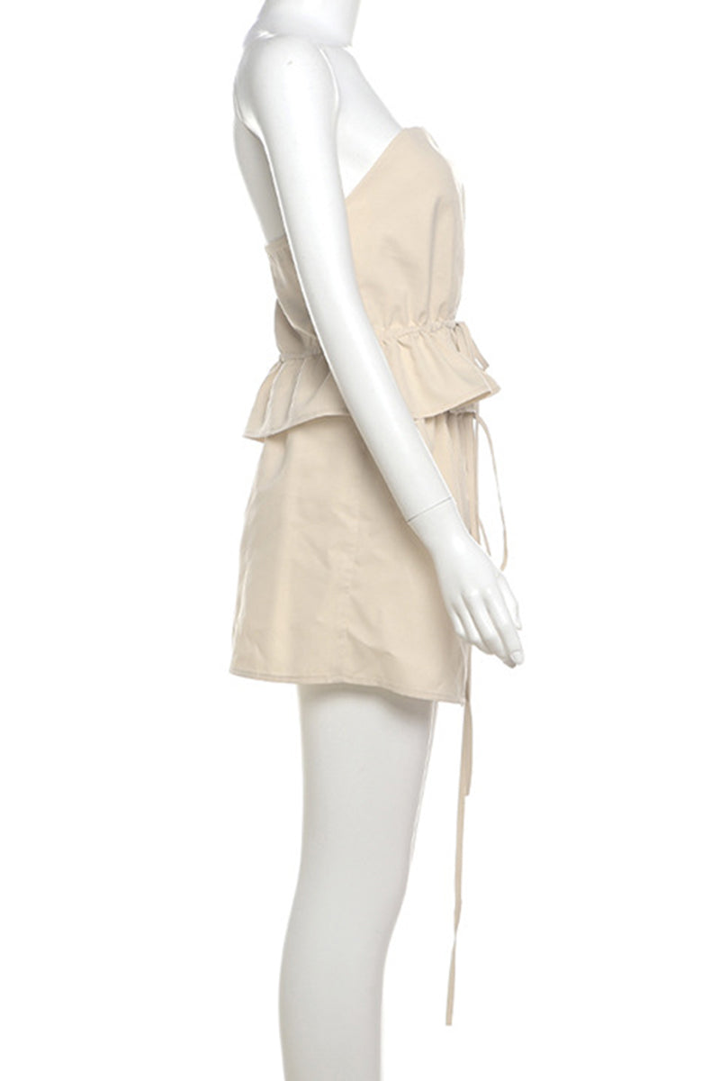 Color Buckle Strap Design Patchwork Ruffle Hem Strapless Sleeveless Two Pieces
