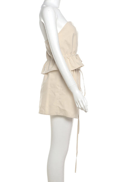 Color Buckle Strap Design Patchwork Ruffle Hem Strapless Sleeveless Two Pieces