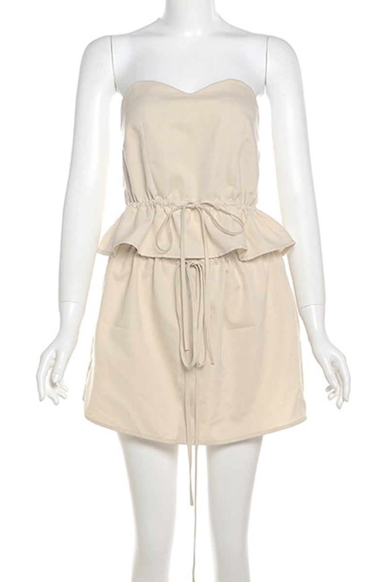 Color Buckle Strap Design Patchwork Ruffle Hem Strapless Sleeveless Two Pieces