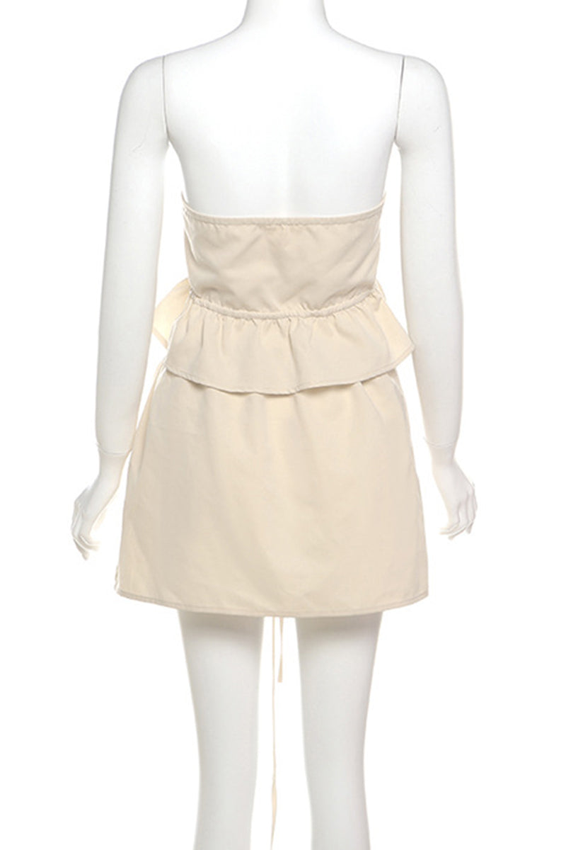 Color Buckle Strap Design Patchwork Ruffle Hem Strapless Sleeveless Two Pieces