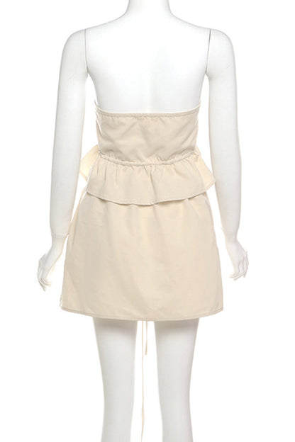 Color Buckle Strap Design Patchwork Ruffle Hem Strapless Sleeveless Two Pieces
