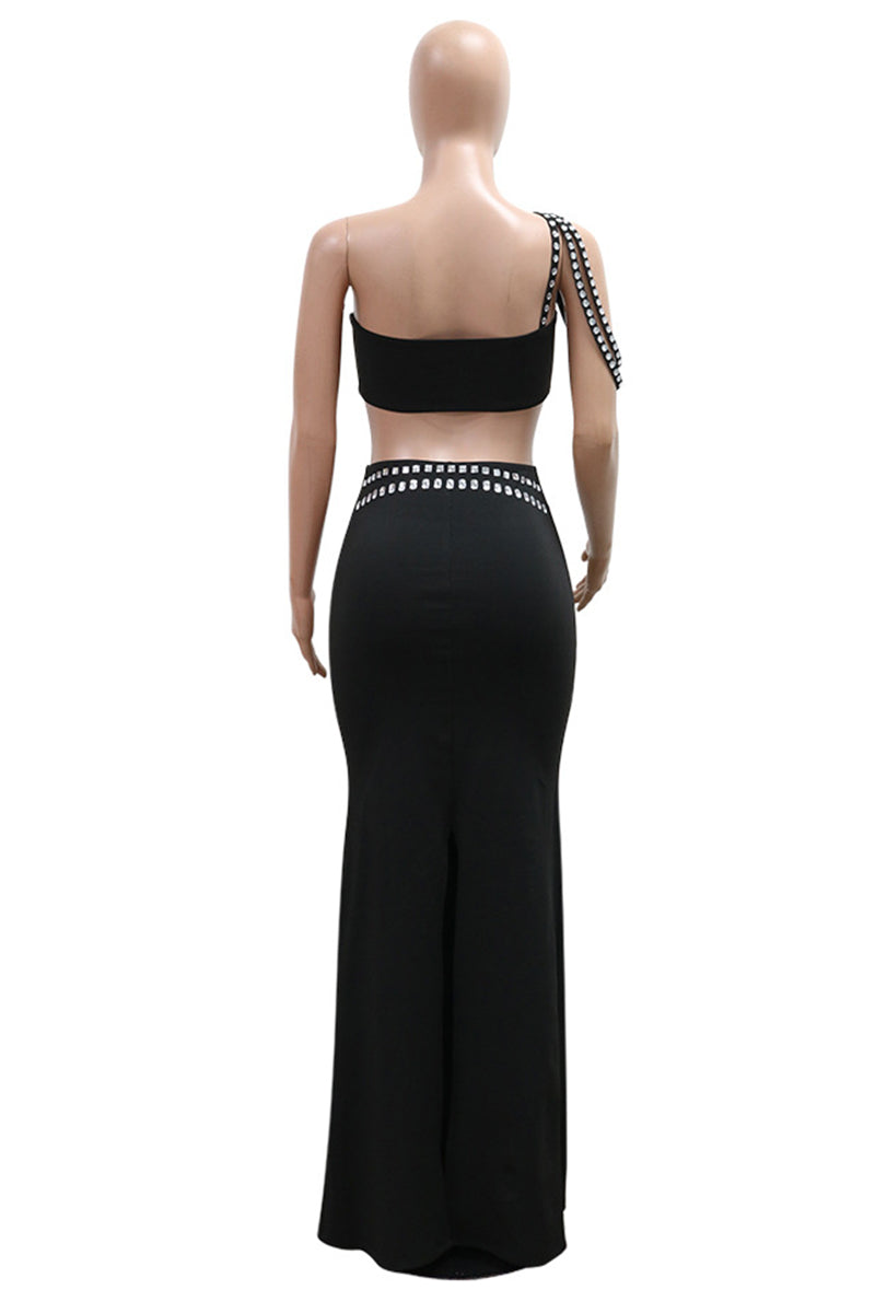 Patchwork Backless Rhinestone Decor Oblique Collar Sleeveless Two Pieces