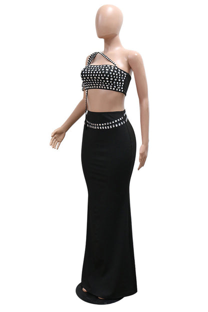 Patchwork Backless Rhinestone Decor Oblique Collar Sleeveless Two Pieces