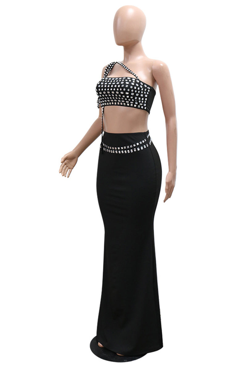 Patchwork Backless Rhinestone Decor Oblique Collar Sleeveless Two Pieces