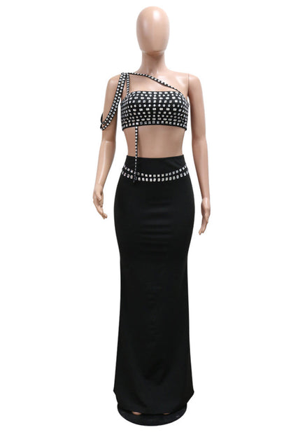 Patchwork Backless Rhinestone Decor Oblique Collar Sleeveless Two Pieces