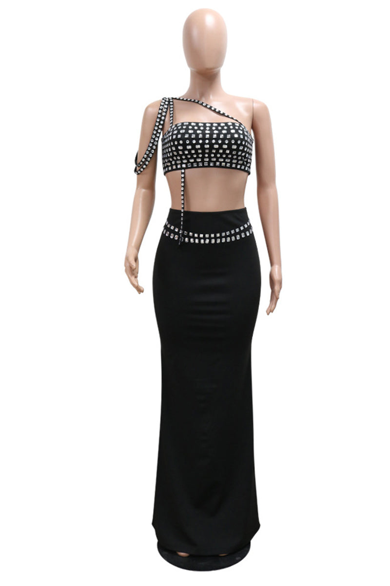 Patchwork Backless Rhinestone Decor Oblique Collar Sleeveless Two Pieces