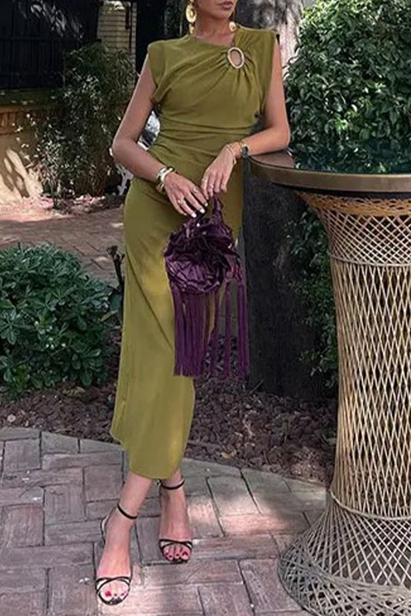 Daily Color Hollow Out Ruched O Neck One Step Skirt Dresses