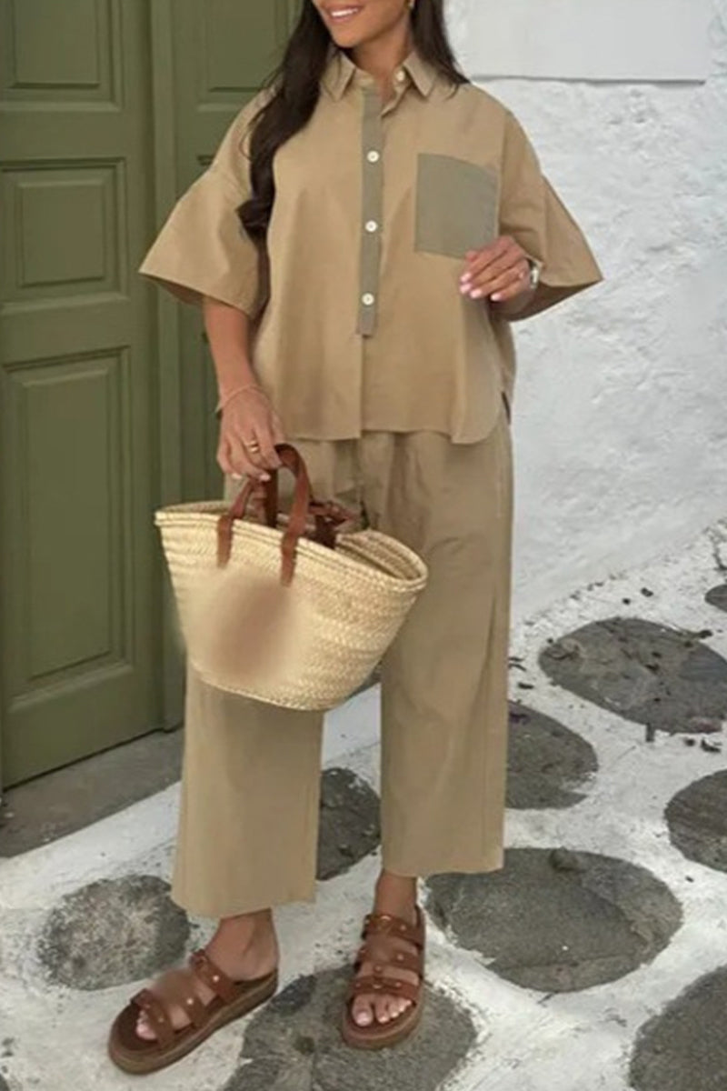 Daily Color Pocket Patchwork Contrast Turndown Collar Short Sleeve Two Pieces