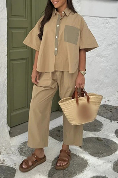 Daily Color Pocket Patchwork Contrast Turndown Collar Short Sleeve Two Pieces