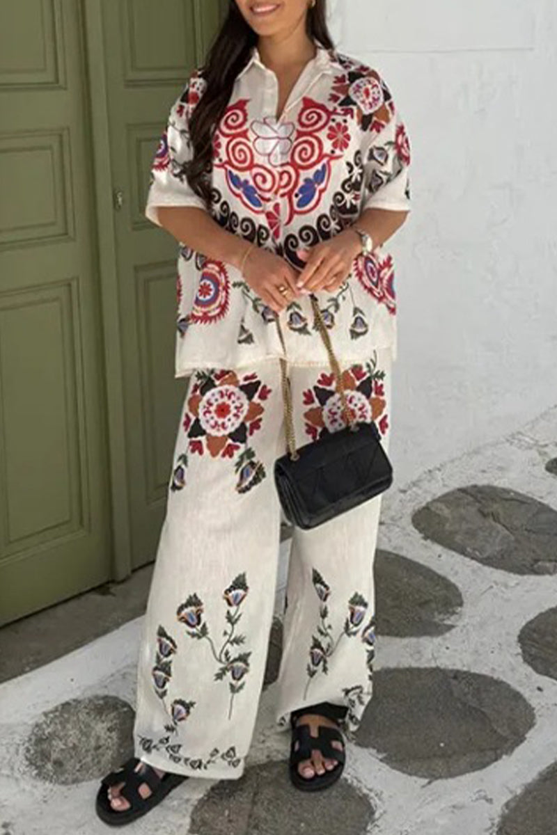 Street Geometric Print Turndown Collar Short Sleeve Two Pieces
