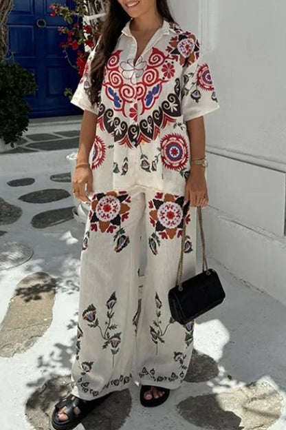 Street Geometric Print Turndown Collar Short Sleeve Two Pieces