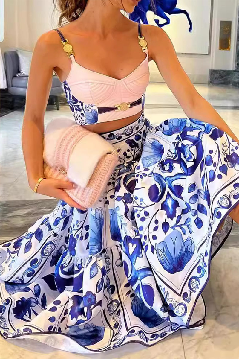 Print Metal Accessories Trim Patchwork V Neck Sleeveless Two Pieces