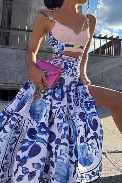 Print Metal Accessories Trim Patchwork V Neck Sleeveless Two Pieces