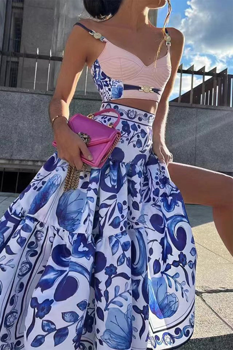 Print Metal Accessories Trim Patchwork V Neck Sleeveless Two Pieces