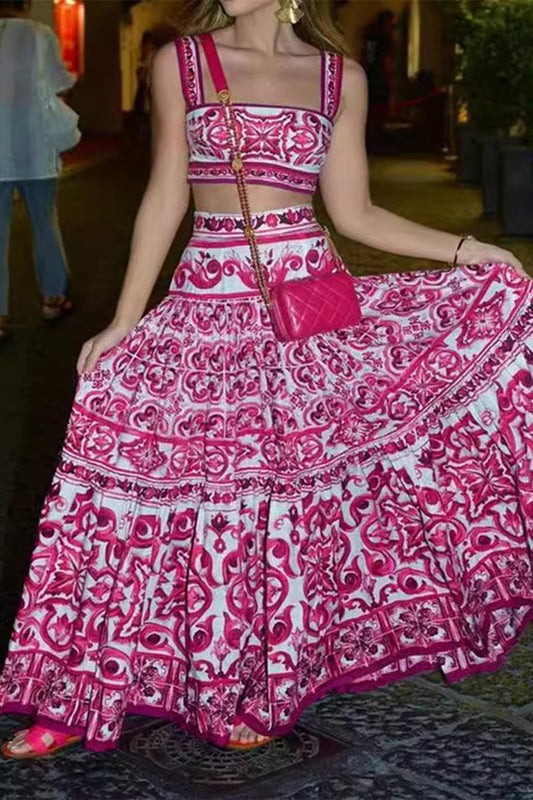 Geometric Print Square Neck Sleeveless Two Pieces