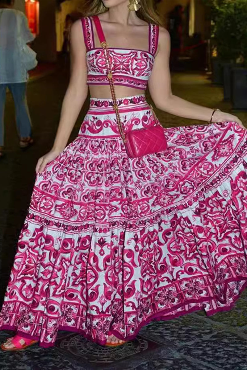 Geometric Print Square Neck Sleeveless Two Pieces