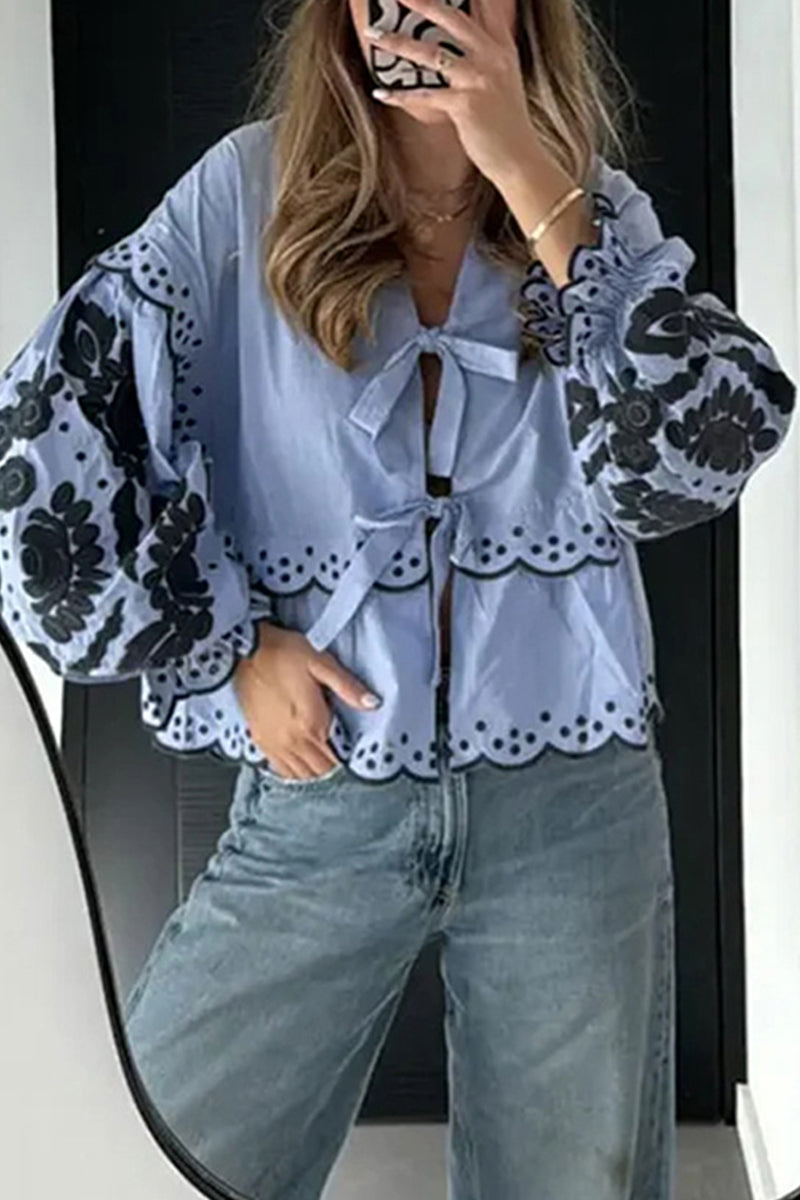 Color Hollow Out Lace Up Patchwork V Neck Blouses(3 Colors)