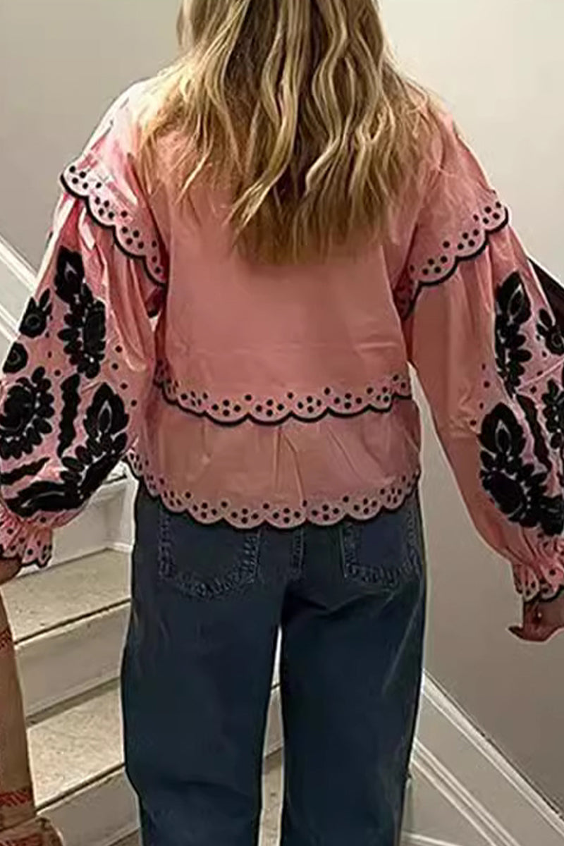 Color Hollow Out Lace Up Patchwork V Neck Blouses(3 Colors)