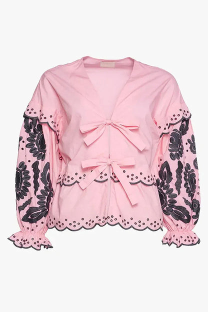 Color Hollow Out Lace Up Patchwork V Neck Blouses(3 Colors)