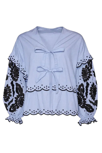 Color Hollow Out Lace Up Patchwork V Neck Blouses(3 Colors)