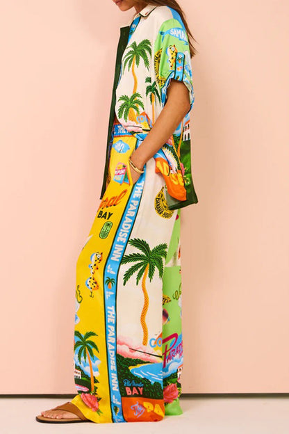 Daily Tropical Print Patchwork Contrast Turndown Collar Short Sleeve Two Pieces