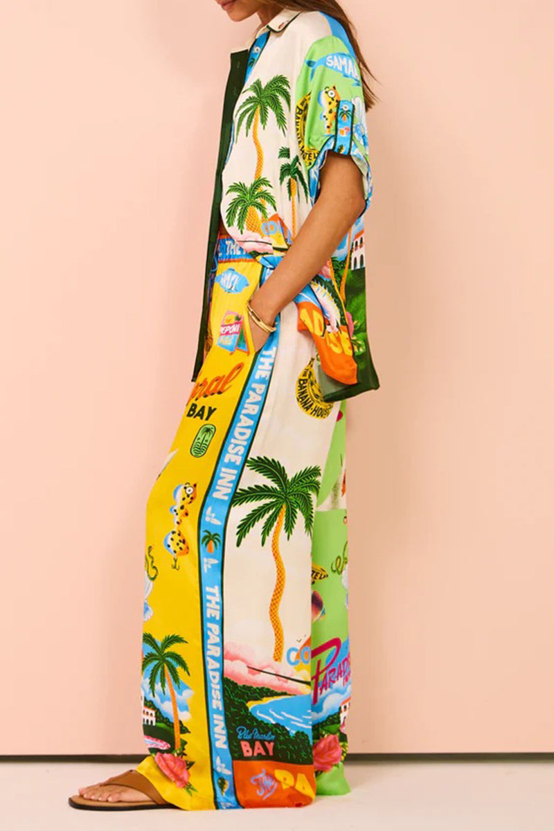 Daily Tropical Print Patchwork Contrast Turndown Collar Short Sleeve Two Pieces