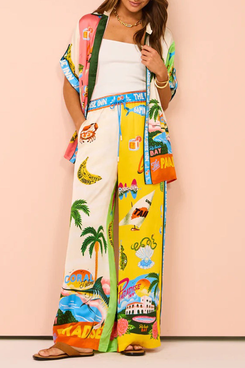 Daily Tropical Print Patchwork Contrast Turndown Collar Short Sleeve Two Pieces