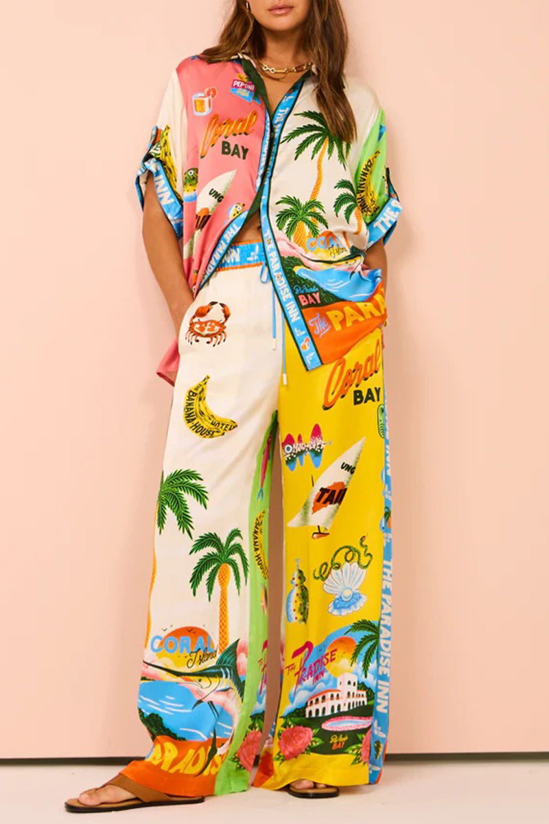 Daily Tropical Print Patchwork Contrast Turndown Collar Short Sleeve Two Pieces